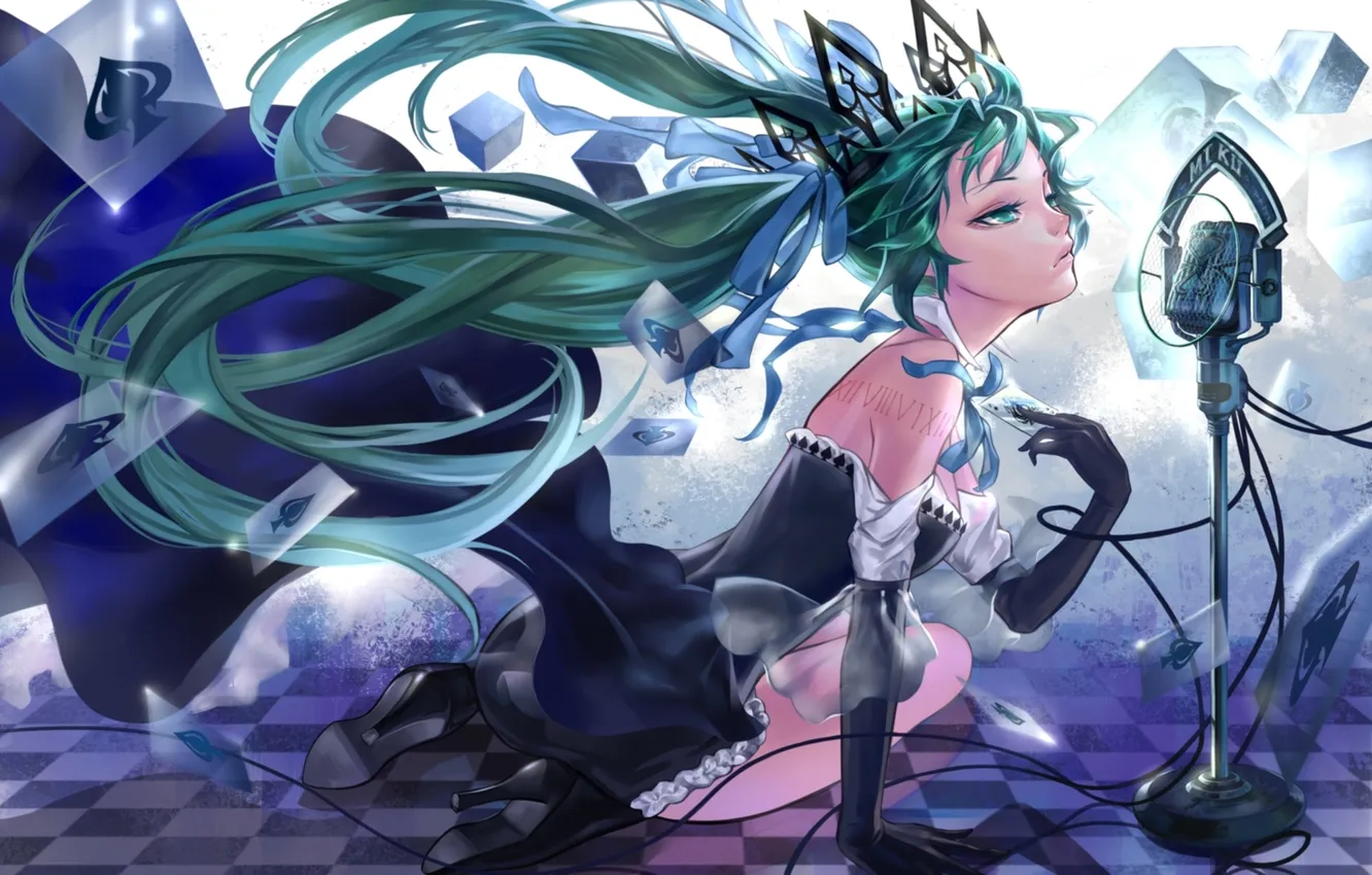 Photo wallpaper girl, pose, the wind, map, dress, microphone, vocaloid, hatsune miku