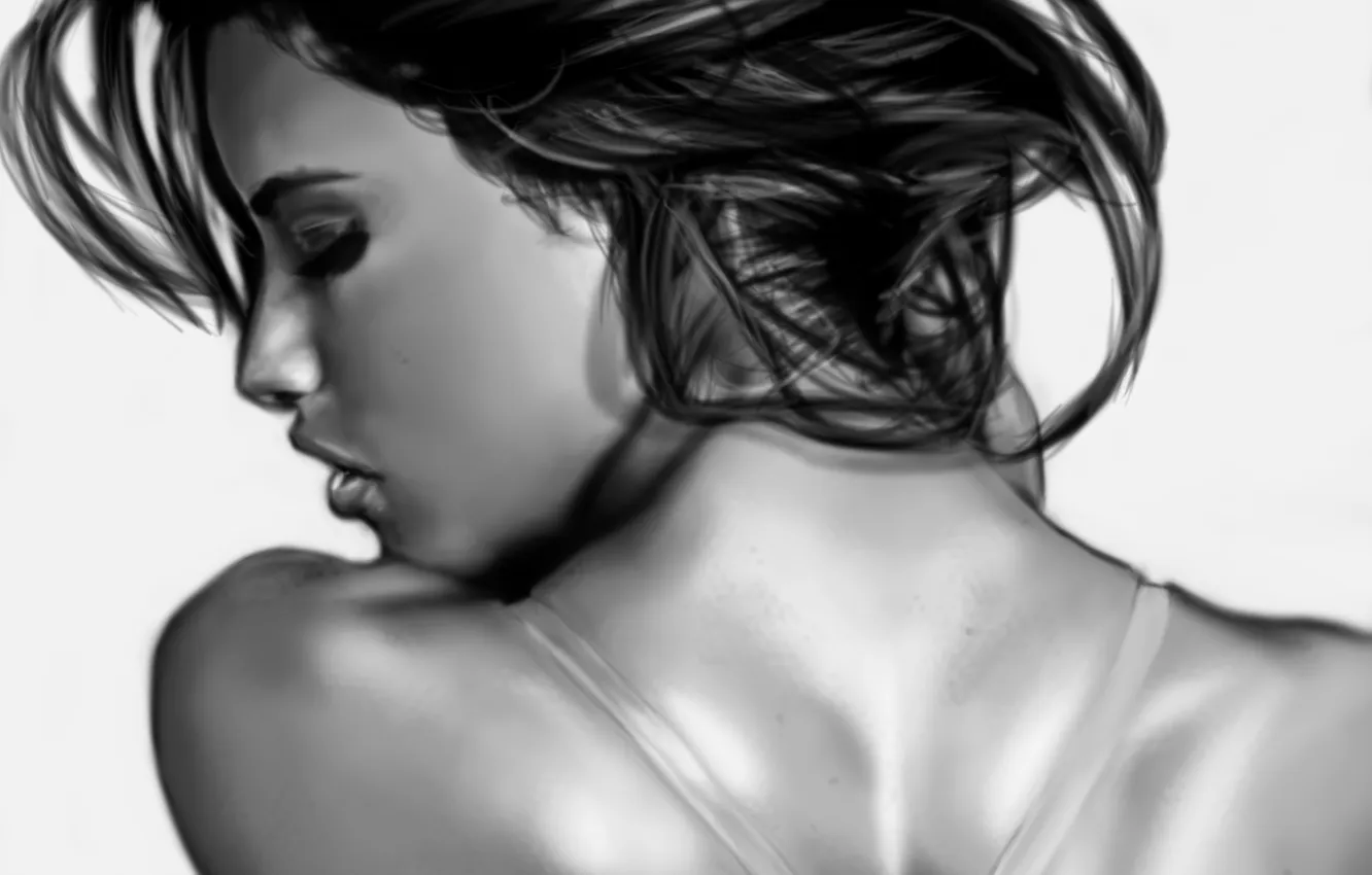 Photo wallpaper girl, face, hair, back, lips, profile, straps