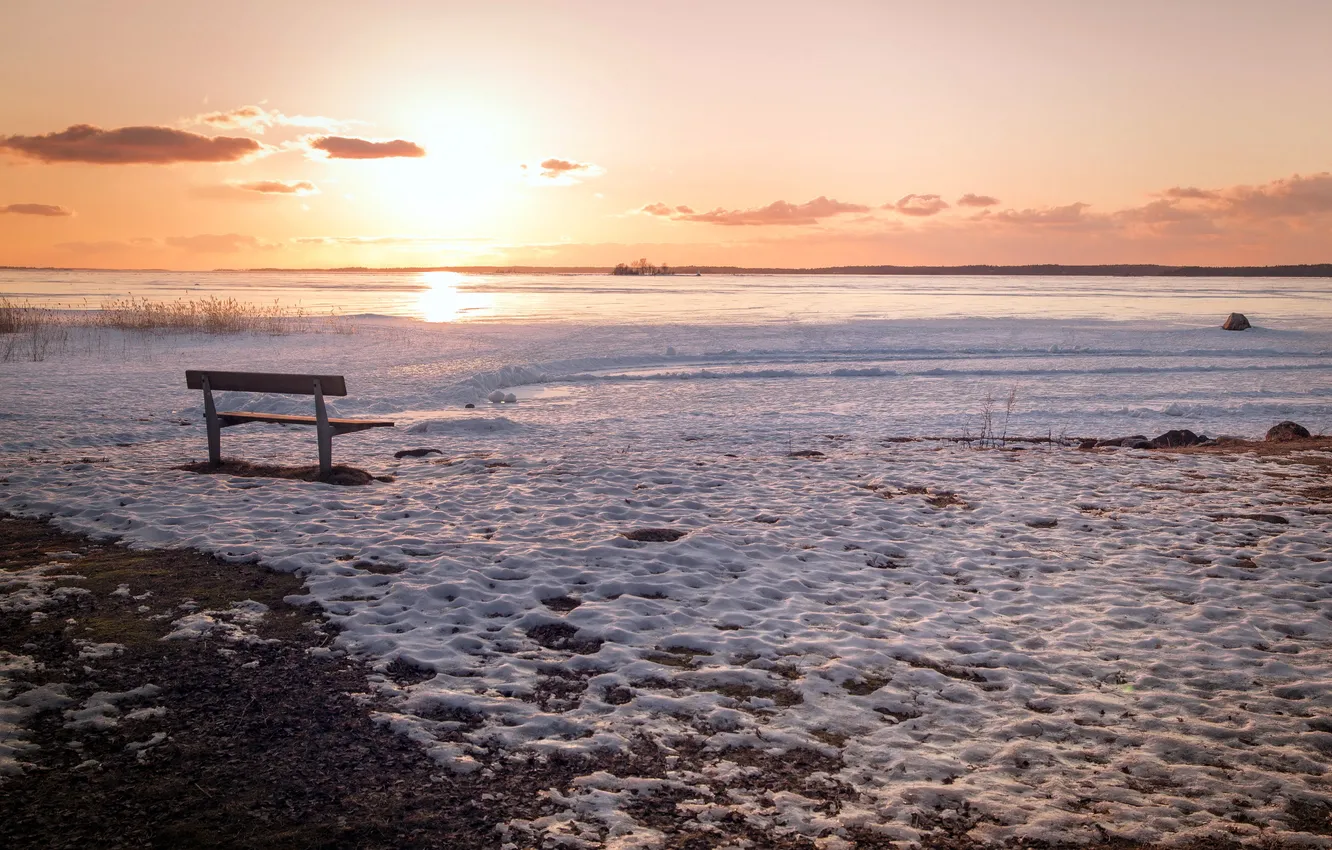 Photo wallpaper landscape, sunset, lake, bench