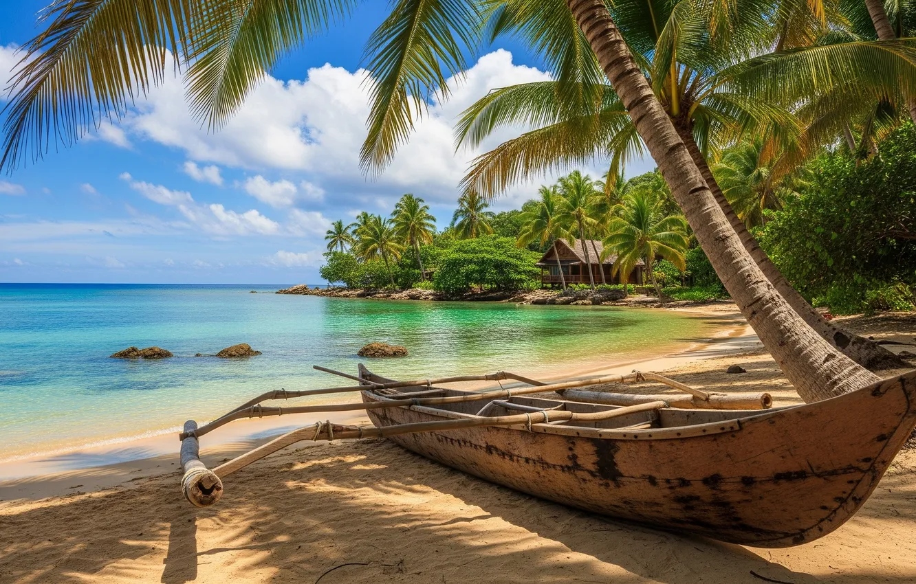 Photo wallpaper sand, beach, water, palm trees, Wallpaper, shore, wallpaper, beach