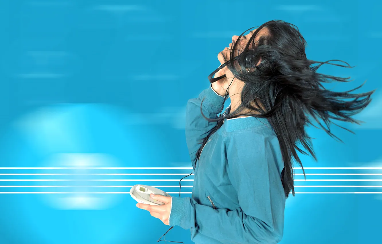 Photo wallpaper girl, music, background, blue, wire, photoshop, headphones, brunette