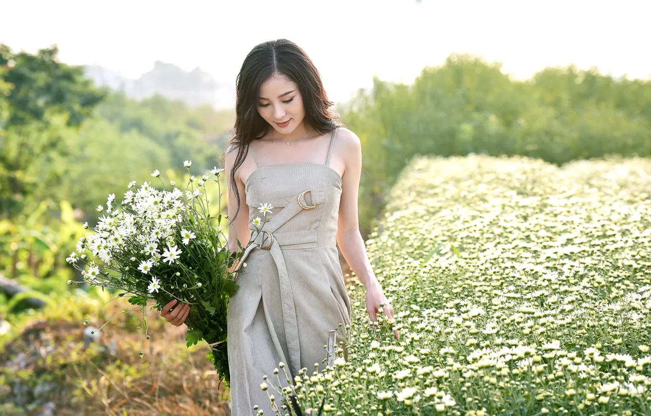 Photo wallpaper field, girl, model, walk, Asian