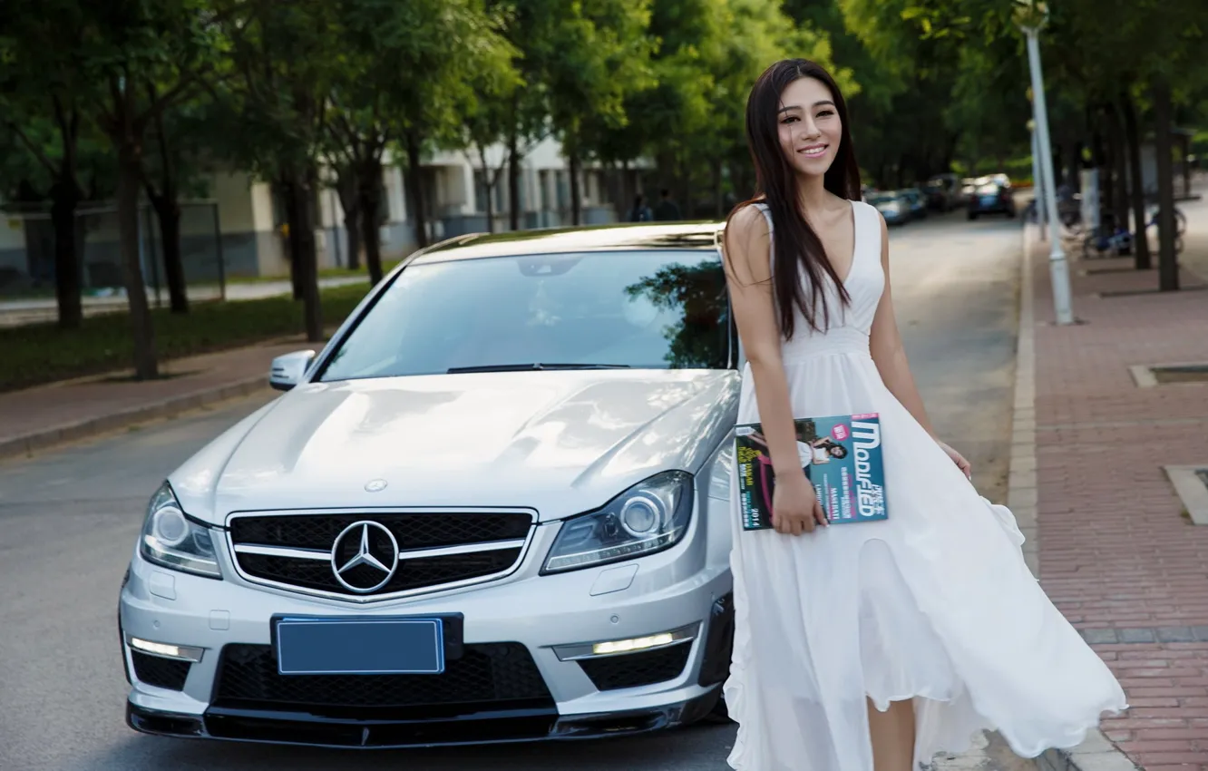 Photo wallpaper look, smile, Girls, dress, Mercedes, Asian, beautiful girl, white car