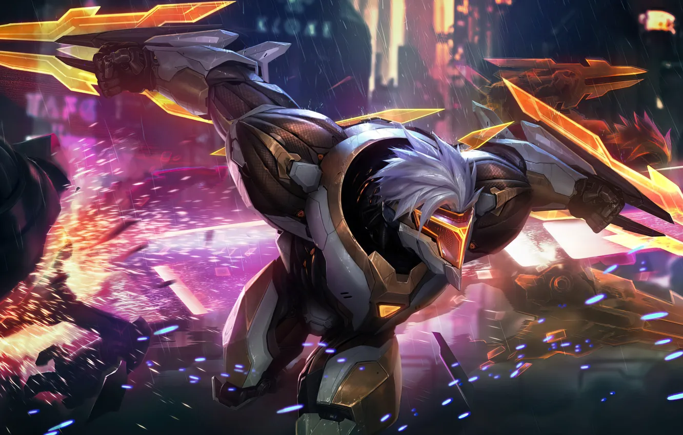 Photo wallpaper flight, night, city, the city, the game, armor, sparks, image