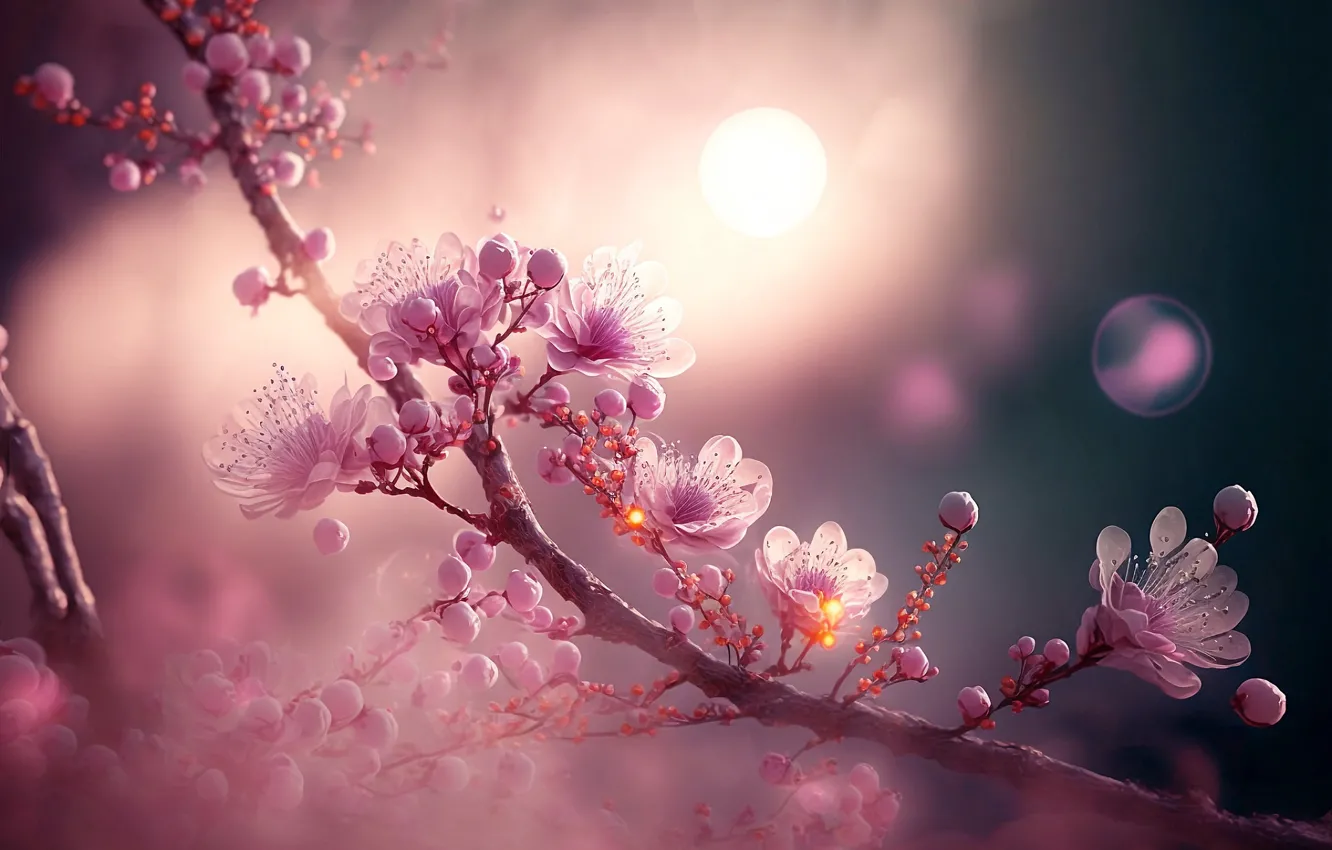 Photo wallpaper flowers, branches, cherry, spring, Sakura, haze, pink, buds