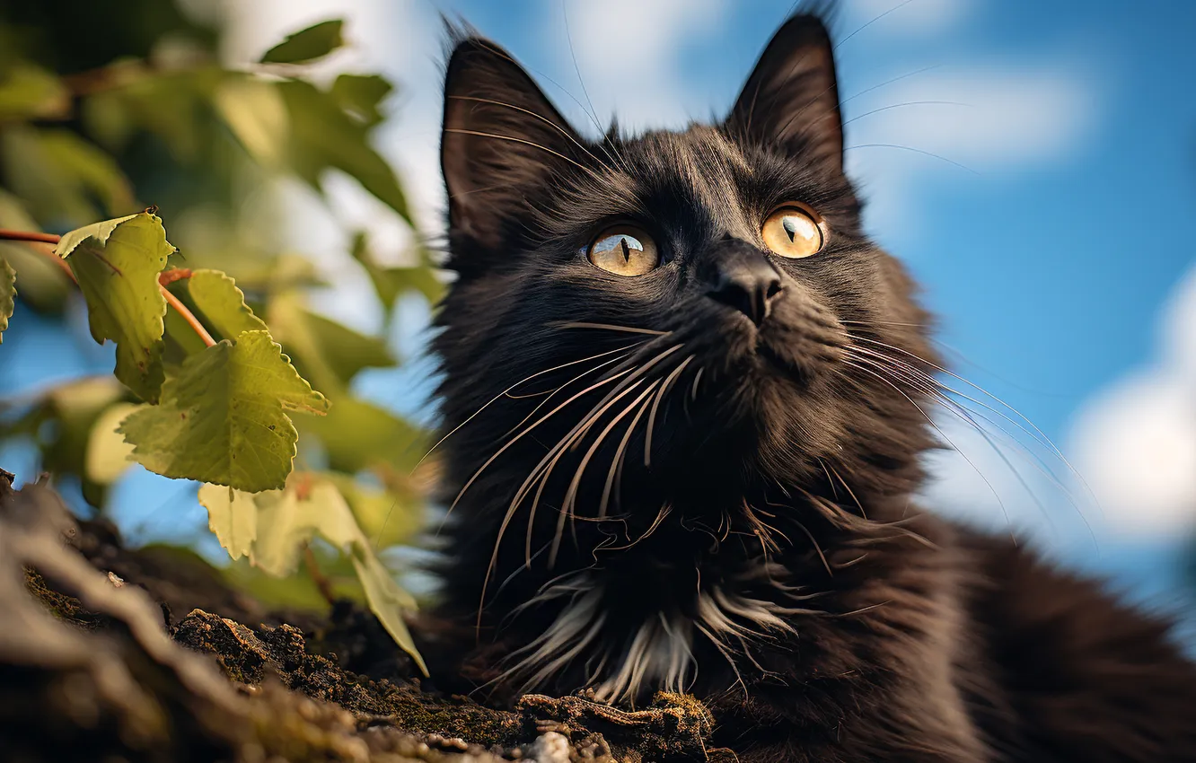 Photo wallpaper cat, the sky, cat, look, leaves, branches, pose, black