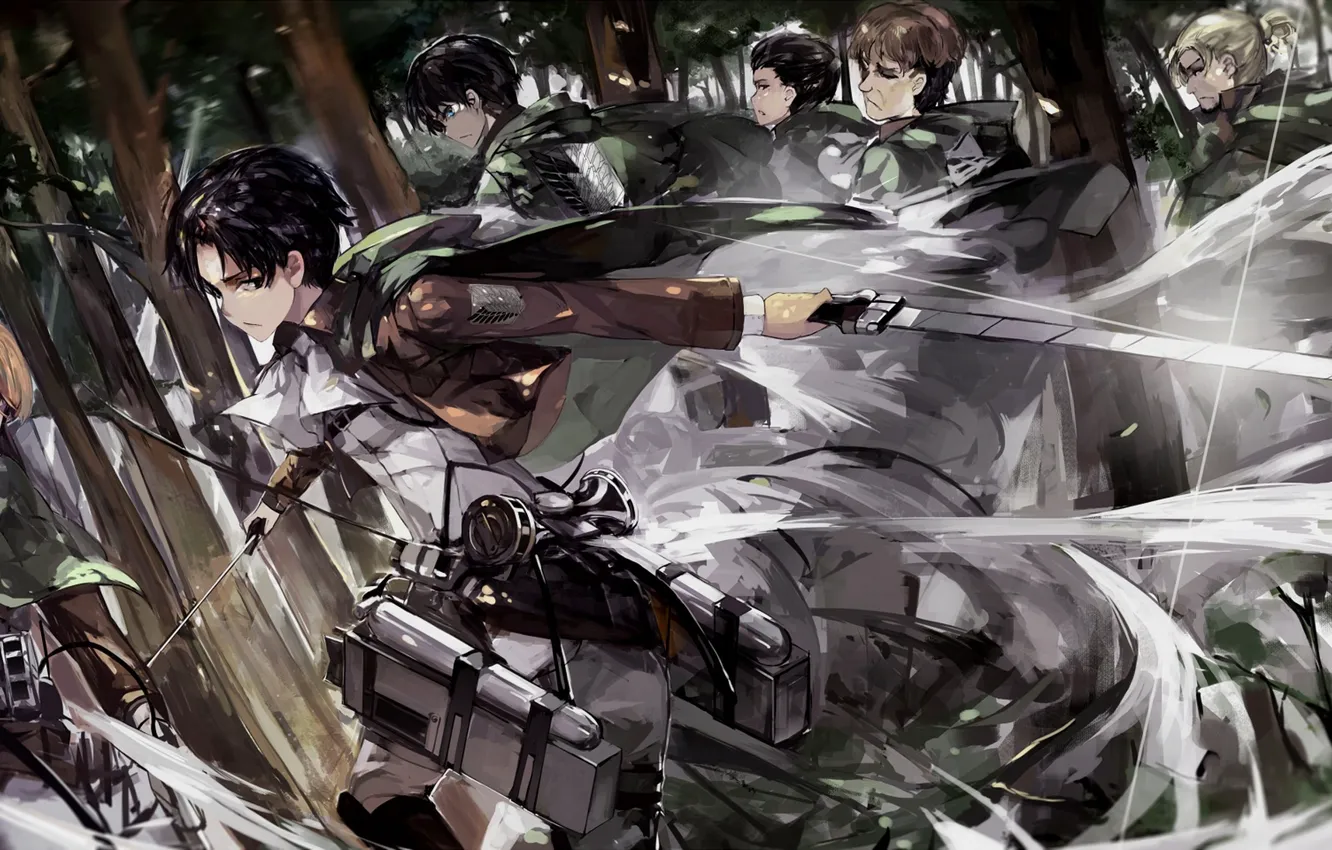 Photo wallpaper forest, art, soldiers, the invasion of the giants, attack of the titans, Shingeki no Kyojin, …