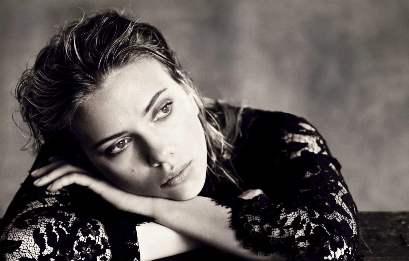 Photo wallpaper look, girl, black, dress, actress, Scarlett Johansson, Scarlett Johansson