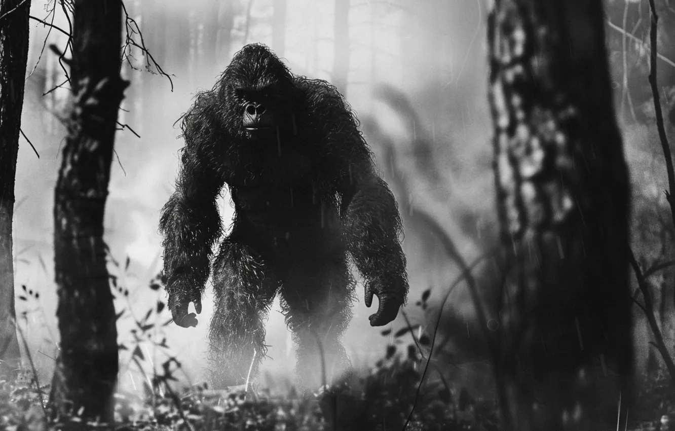 Photo wallpaper forest, trees, being, black and white, Yeti, Bigfoot, digital art, Bigfoot
