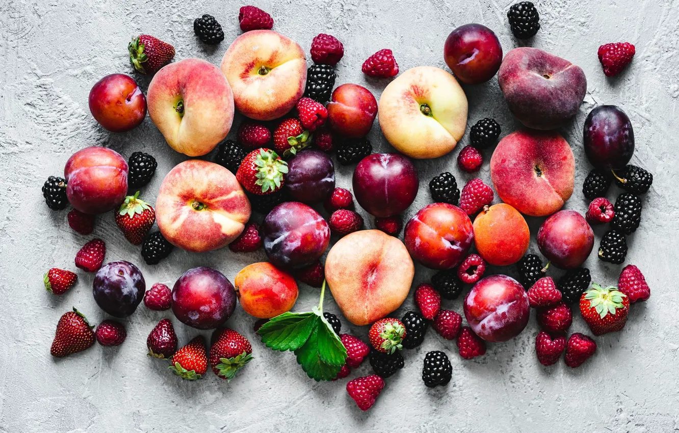 Photo wallpaper red, cherry, berries, raspberry, background, leaf, harvest, strawberry