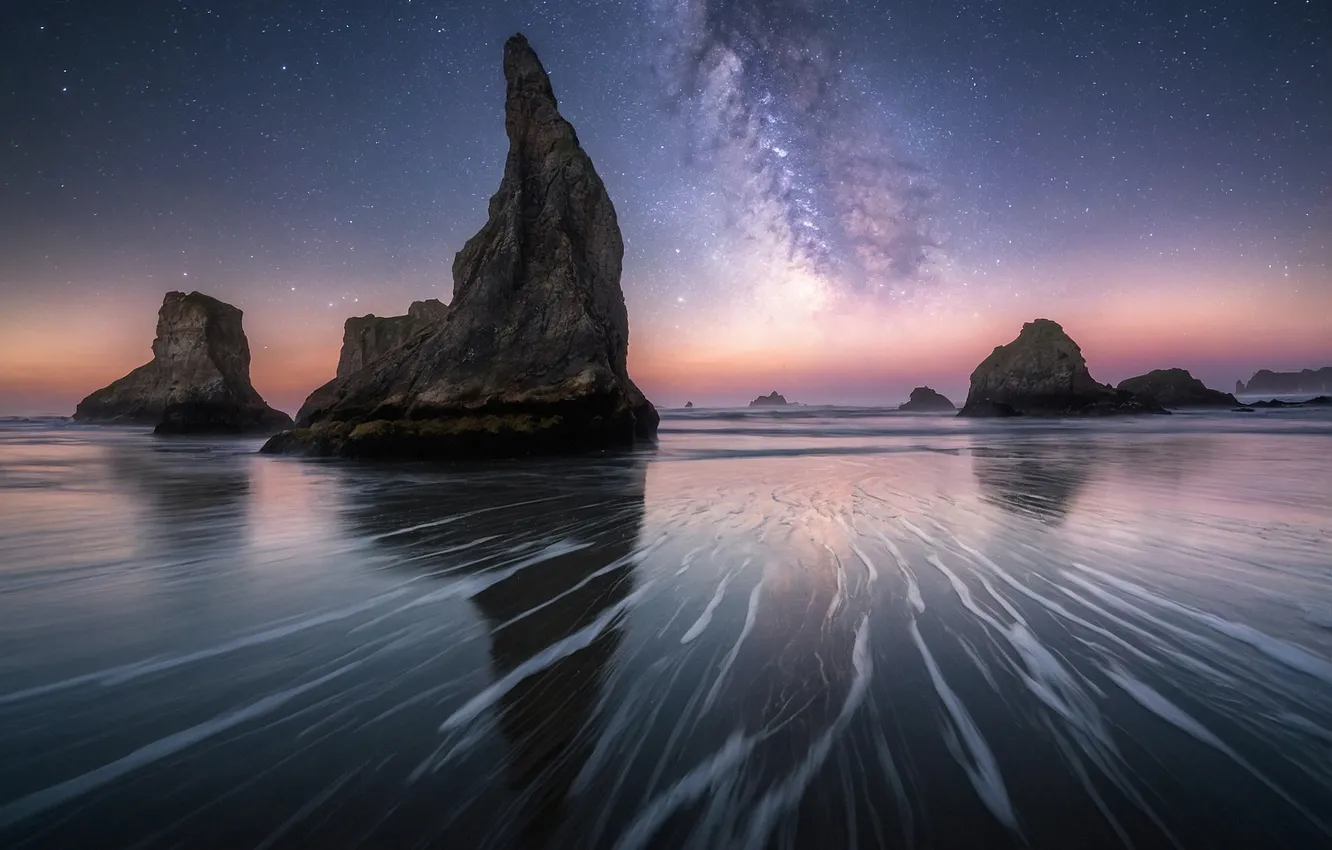 Photo wallpaper night, rocks, the milky way, pond