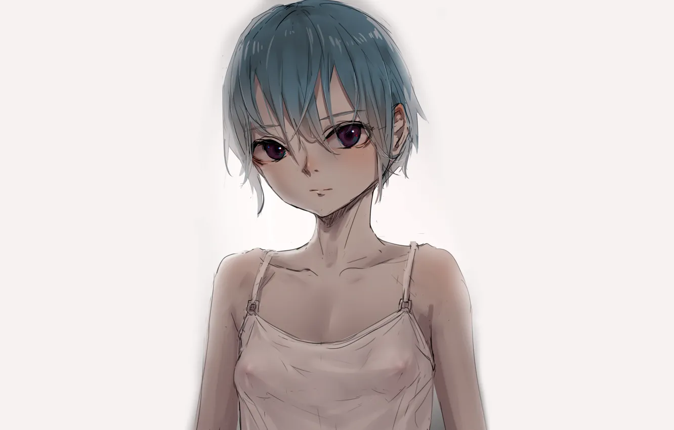 Photo wallpaper girl, cleavage, boobs, anime, beautiful, red eyes, short hair, pretty