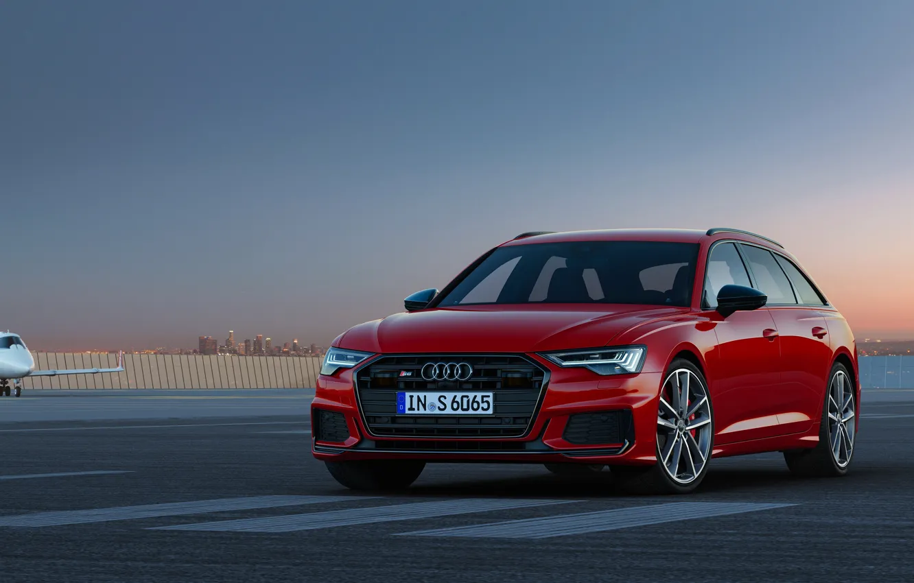 Photo wallpaper red, Audi, the airfield, universal, 2019, A6 Avant, S6 Before