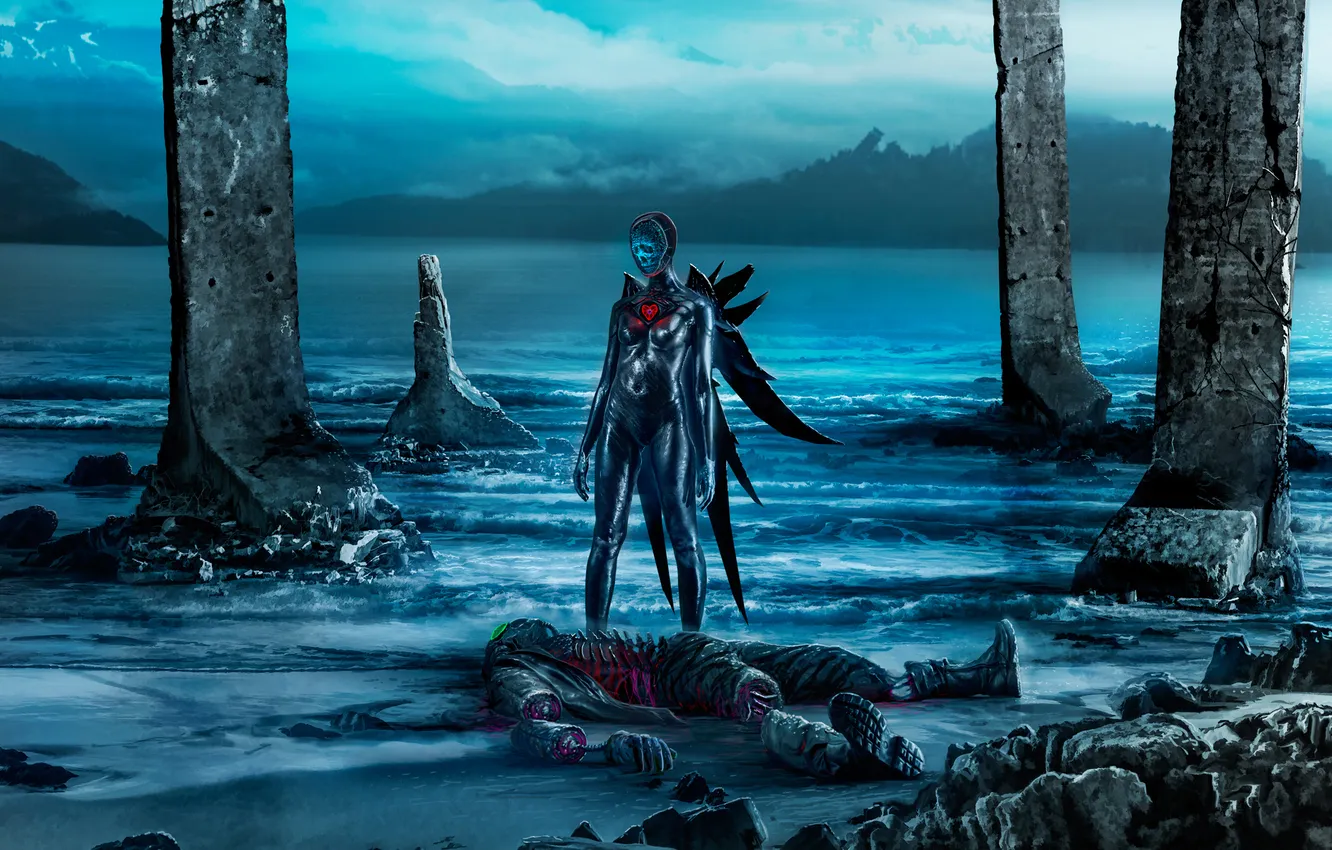 Photo wallpaper wave, water, girl, death, fiction, shore, art, romantically apocalyptic