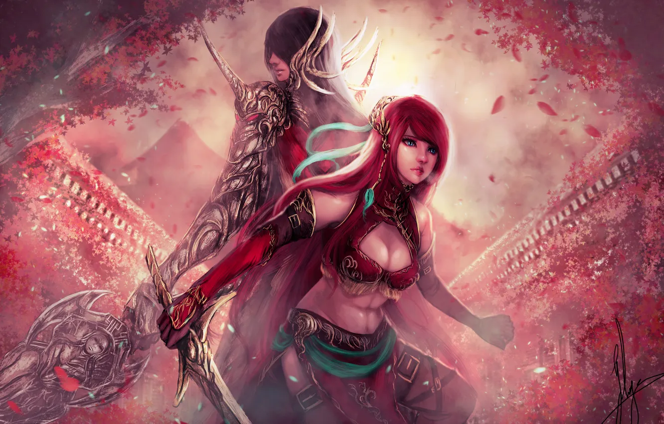 Photo wallpaper look, girl, weapons, fiction, armor, art, guy, red hair