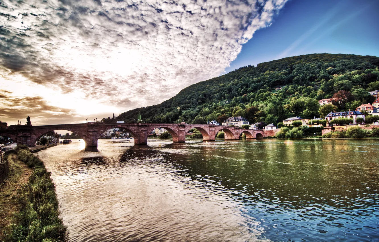 Photo wallpaper clouds, bridge, the city, river