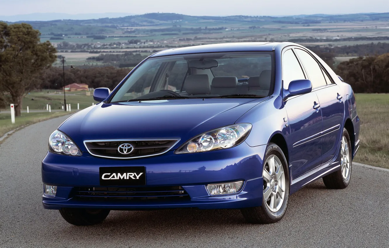 Photo wallpaper landscape, blue, Toyota, sedan, the front, Camry, beautiful car, Camry