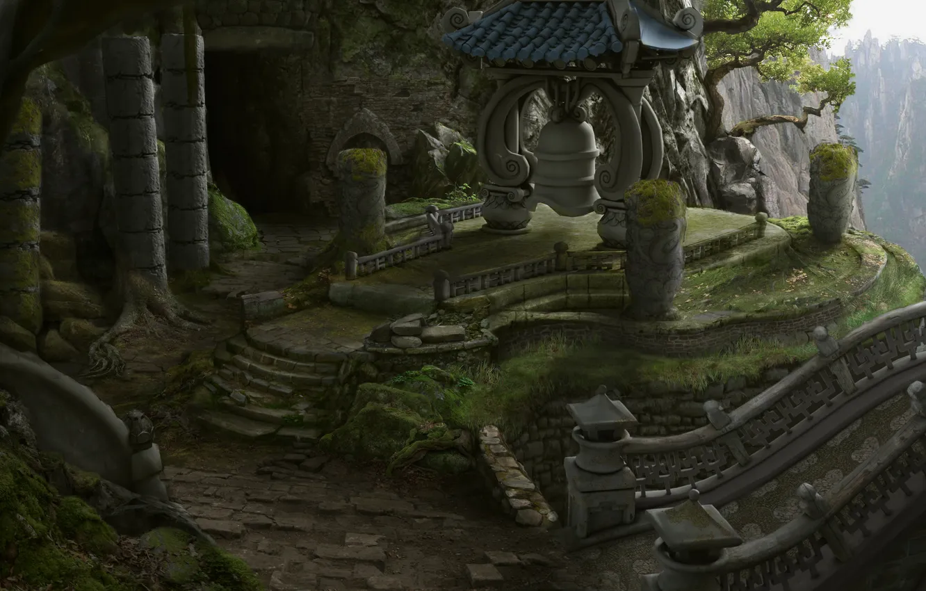 Photo wallpaper landscape, mountains, bridge, rocks, columns, ruins, World of Warcraft, abandonment