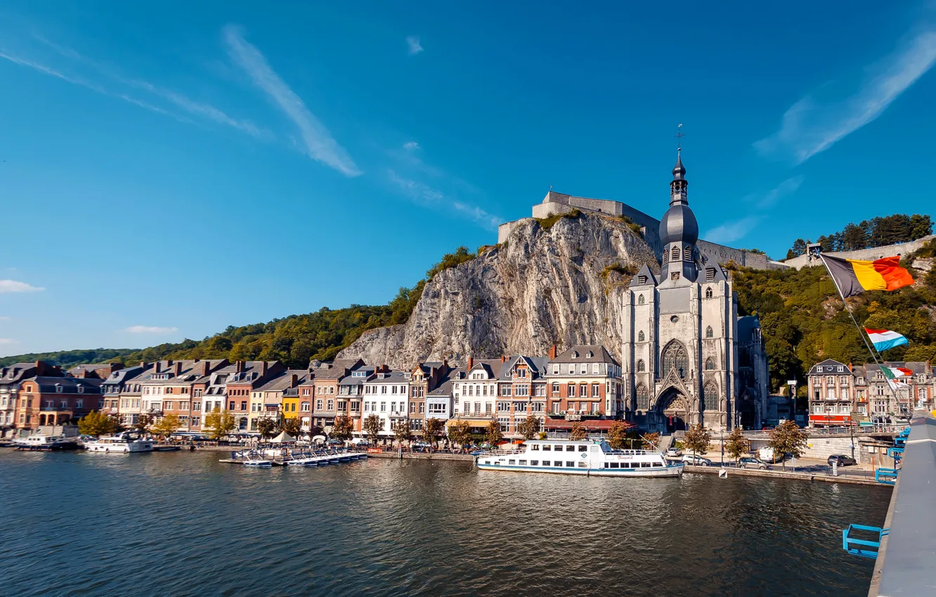 Photo wallpaper landscape, river, rocks, home, Belgium, the citadel, promenade, Dinant