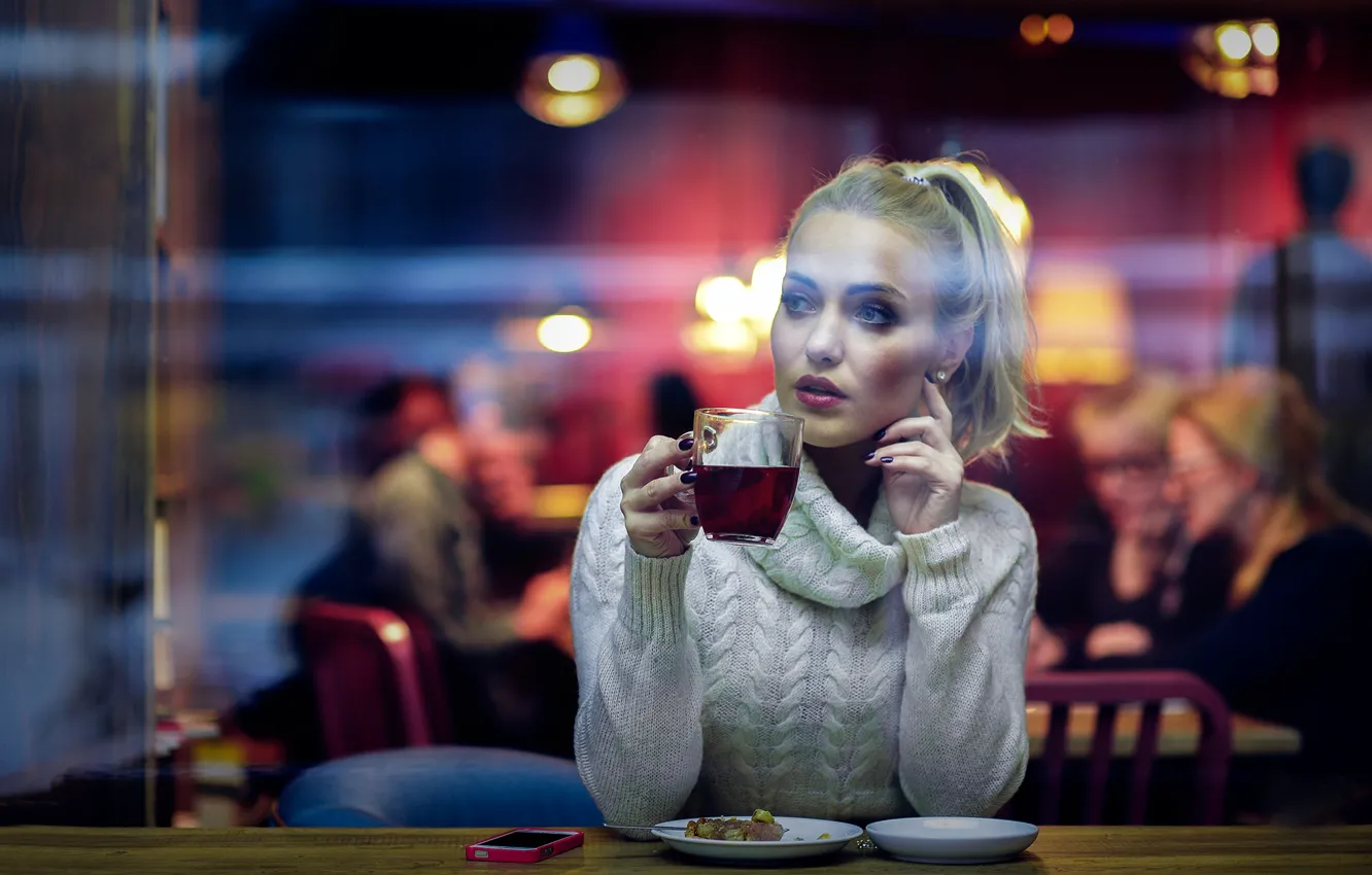 Photo wallpaper girl, mood, tea, mug, cafe, sweater, Daniel Bidiuk