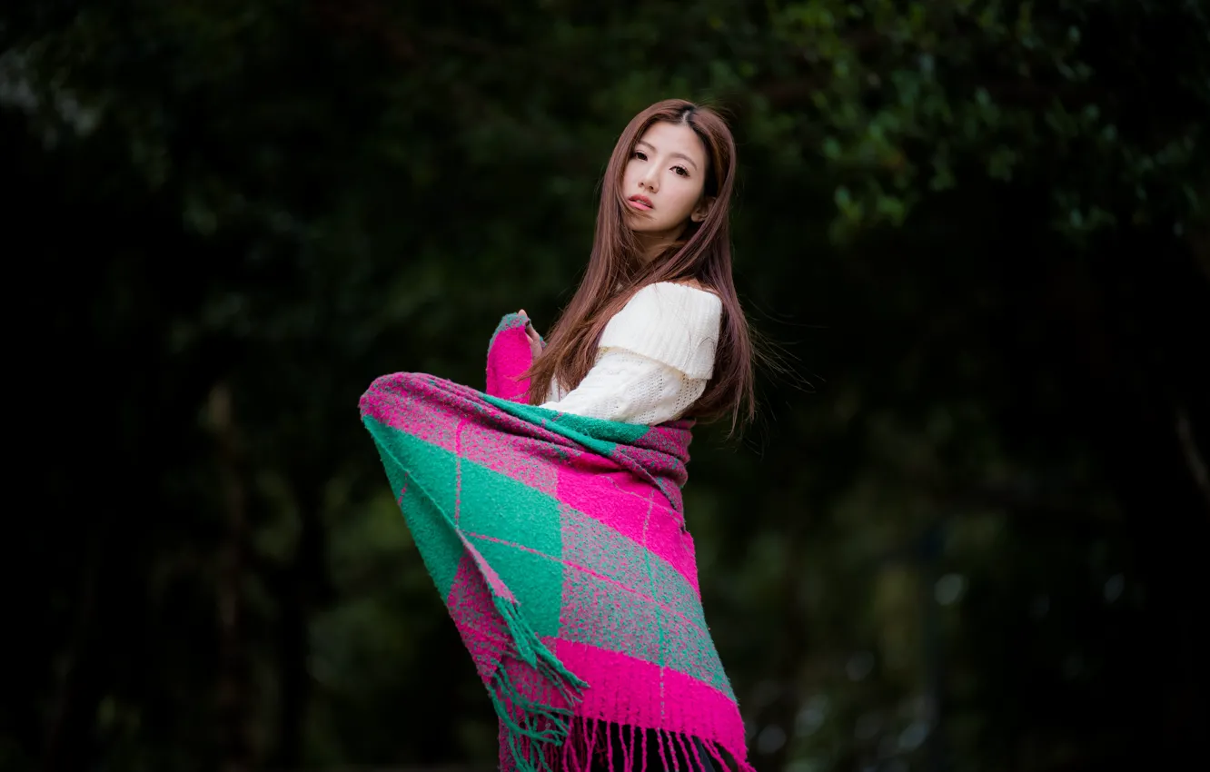 Photo wallpaper look, girl, hair, Asian, plaid