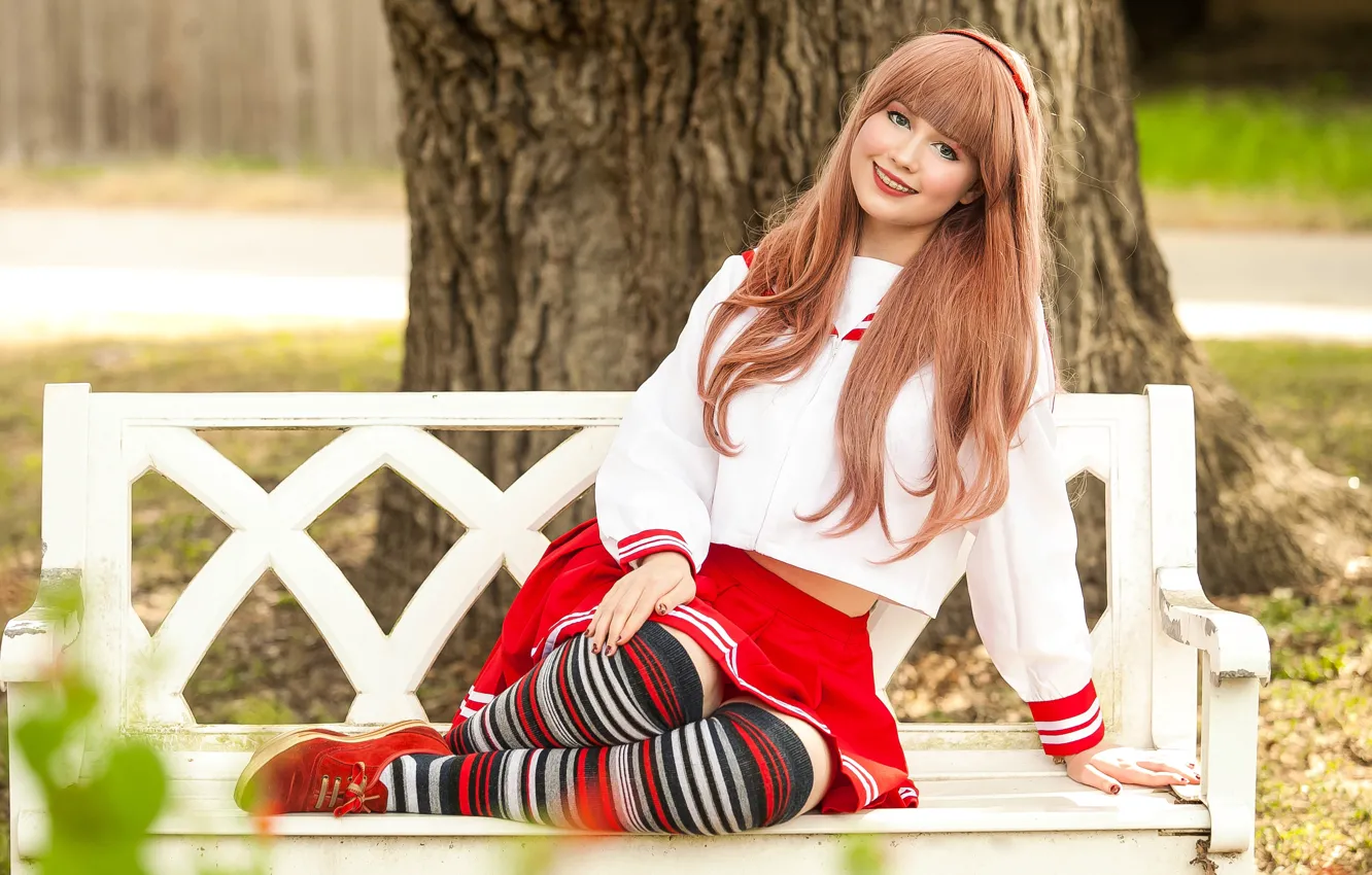 Photo wallpaper summer, girl, bench, face, smile, sweetheart, hair, legs