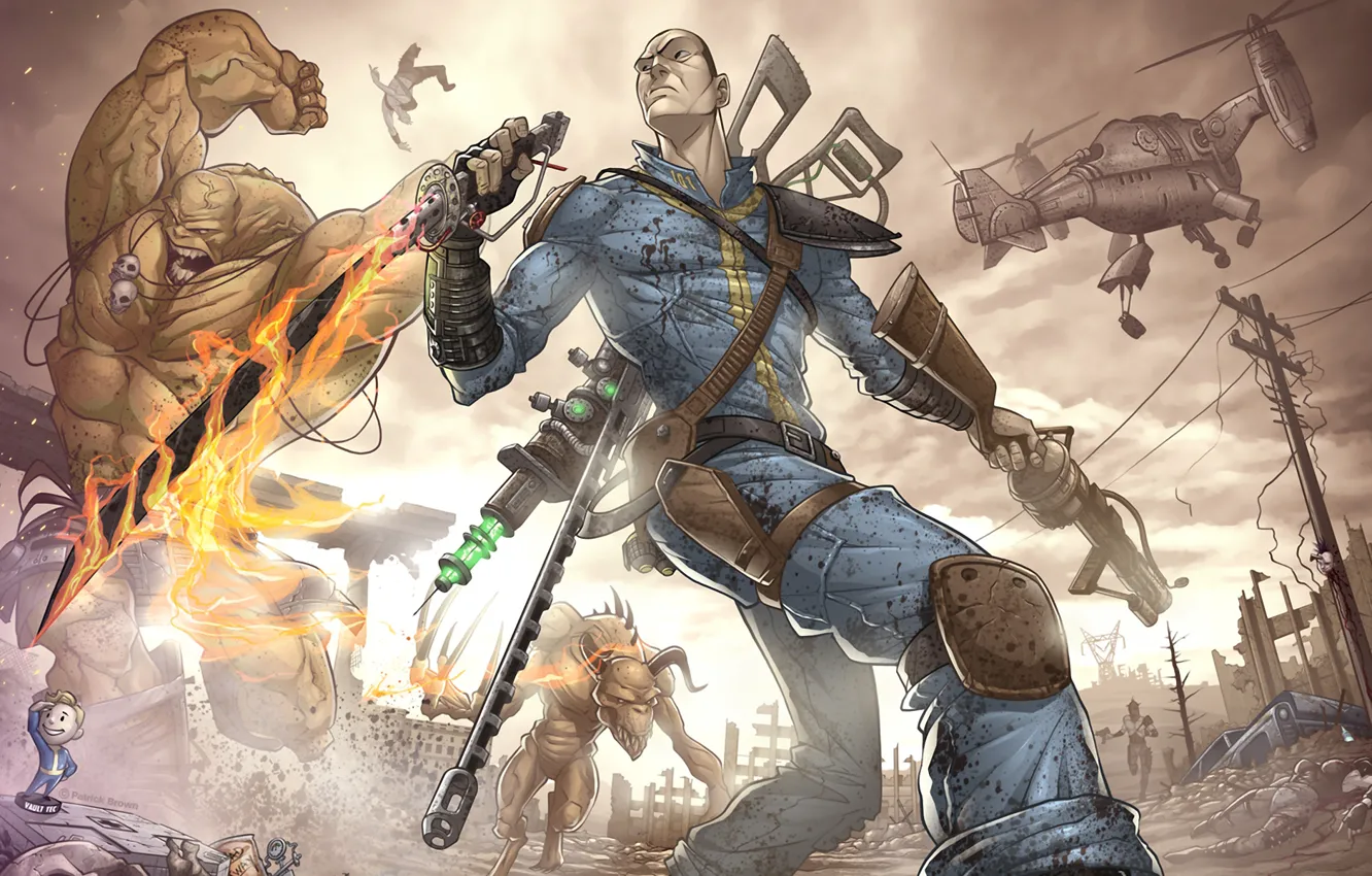 Photo wallpaper weapons, Apocalypse, monster, the bandits, male, ruins, Fallout, mutant