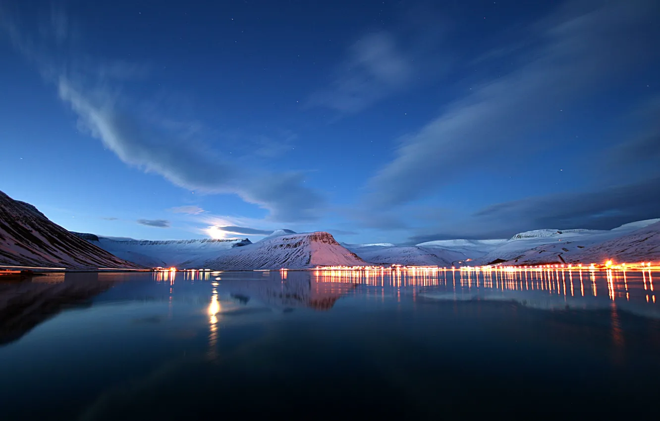 Photo wallpaper the city, lights, lake, mountain, the evening