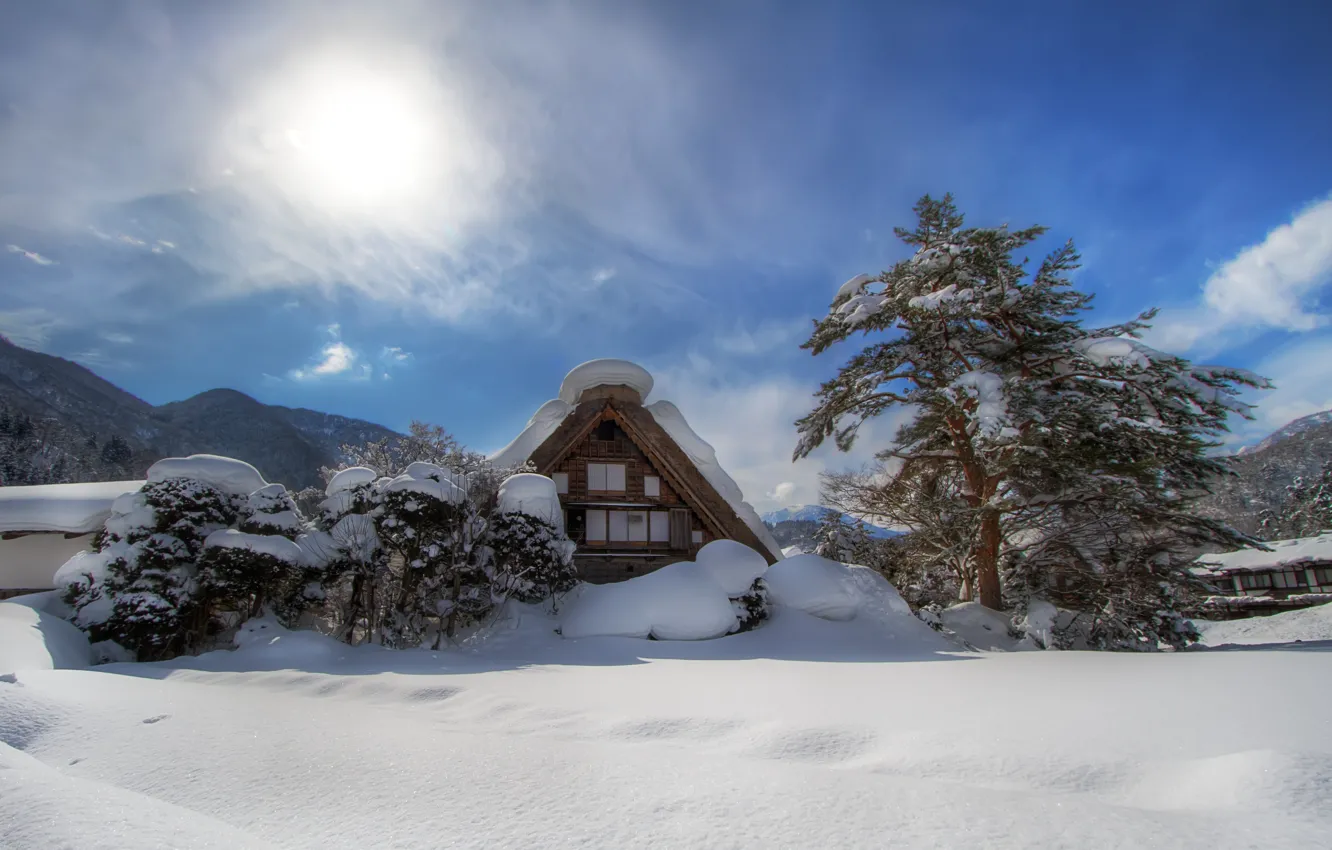 Photo wallpaper winter, the sun, clouds, snow, trees, mountains, home, valley