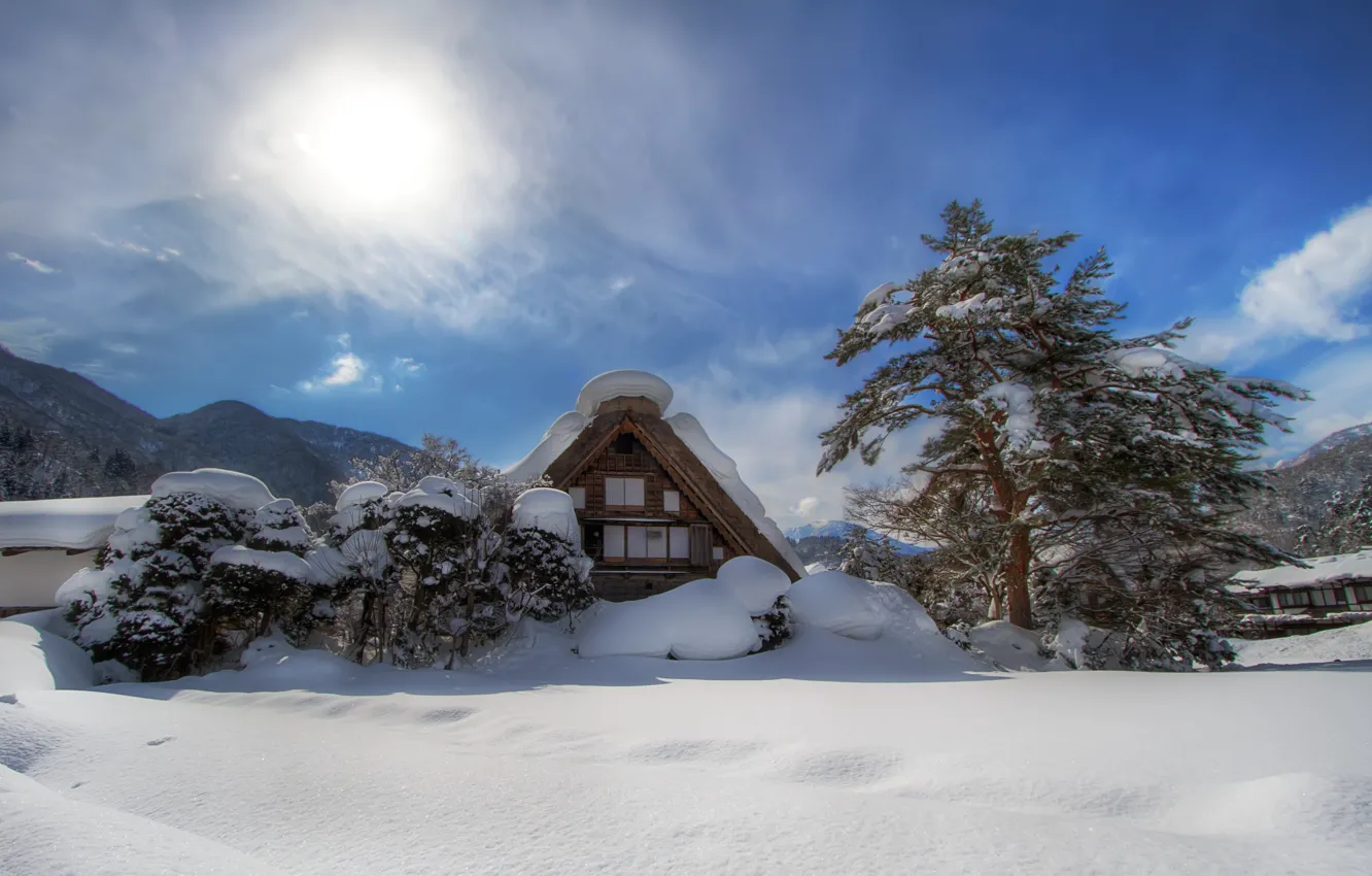 Photo wallpaper winter, the sun, clouds, snow, mountains, house, tree, valley
