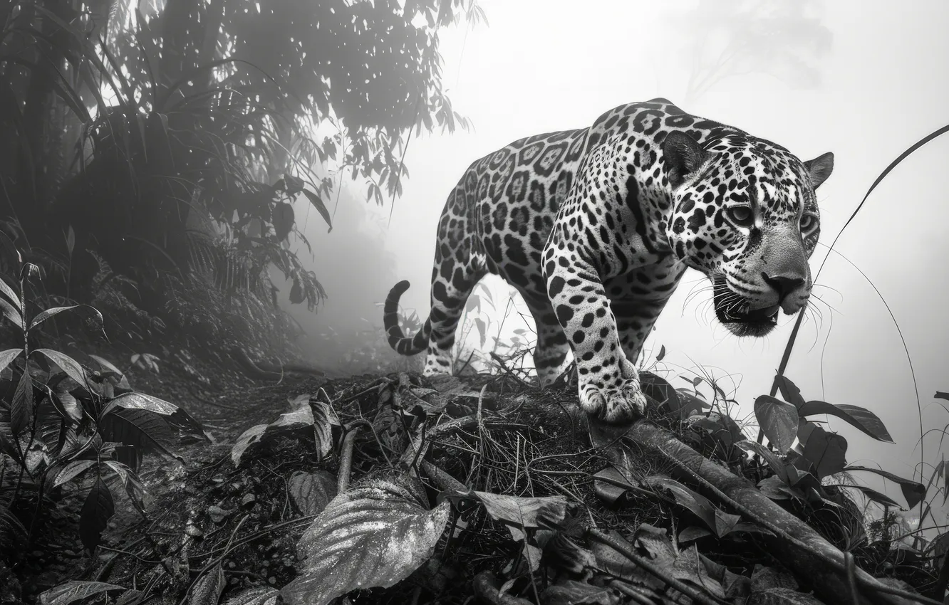 Photo wallpaper look, face, leaves, trees, predator, Jaguar, black and white, big cat