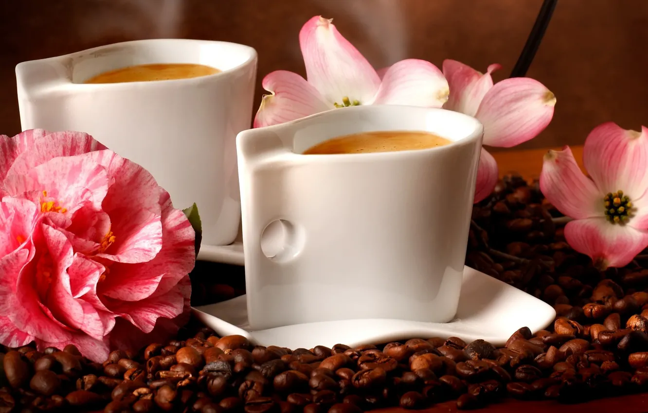 Photo wallpaper flowers, coffee, coffee beans, flowers, aroma, coffee, aroma coffee beans