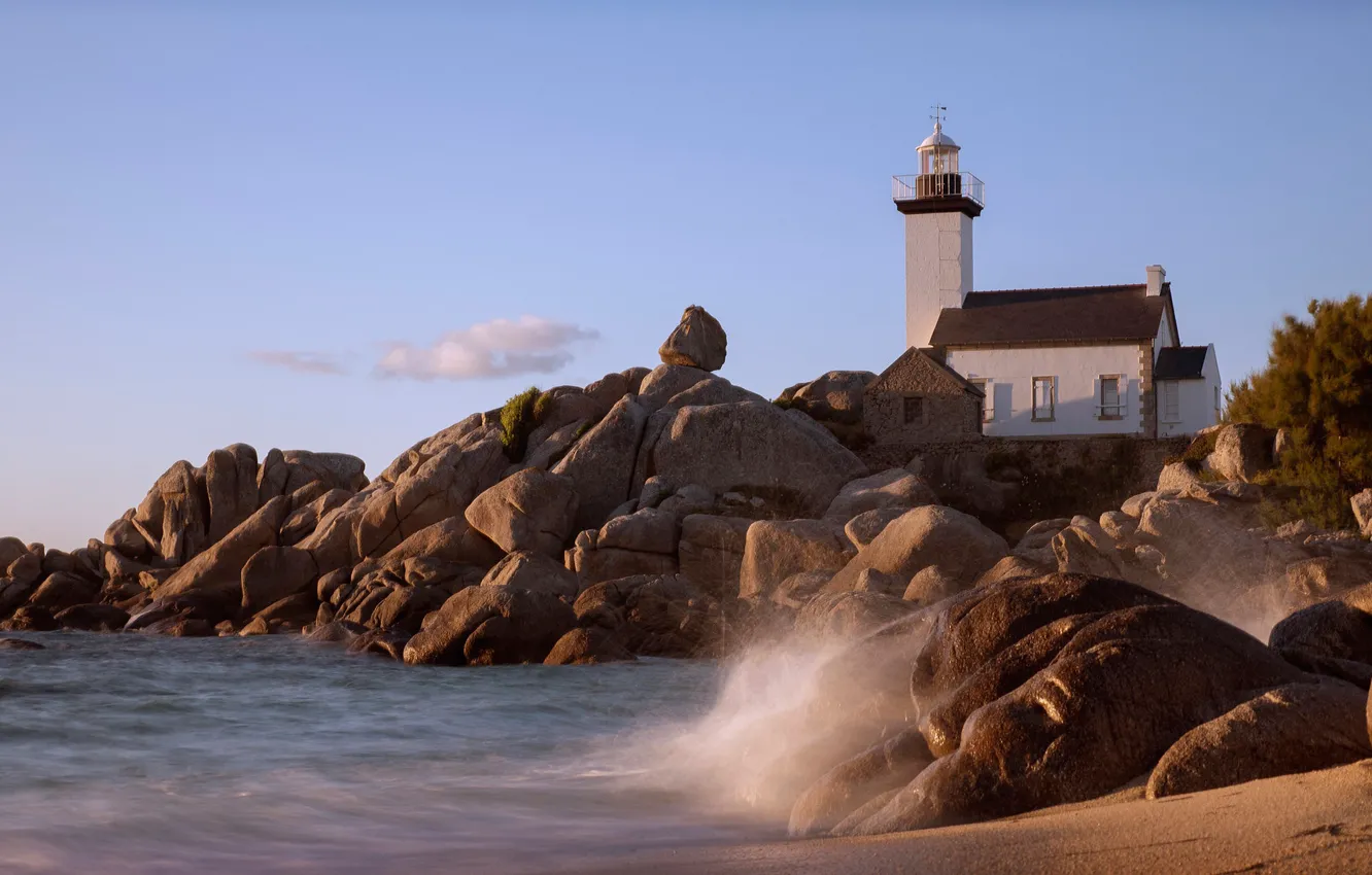 Photo wallpaper sea, the sky, stones, shore, lighthouse, France, Brittany, lie