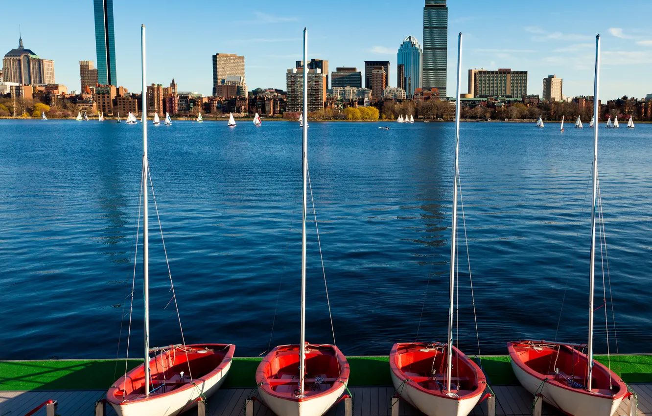 Photo wallpaper the sky, the sun, river, coast, boat, building, Marina, home