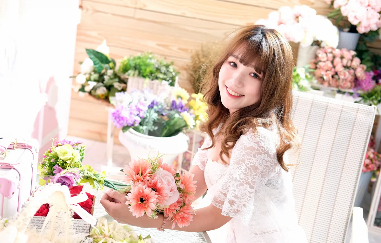 Photo wallpaper flowers, smile, brown hair, Asian, cutie, bouquets