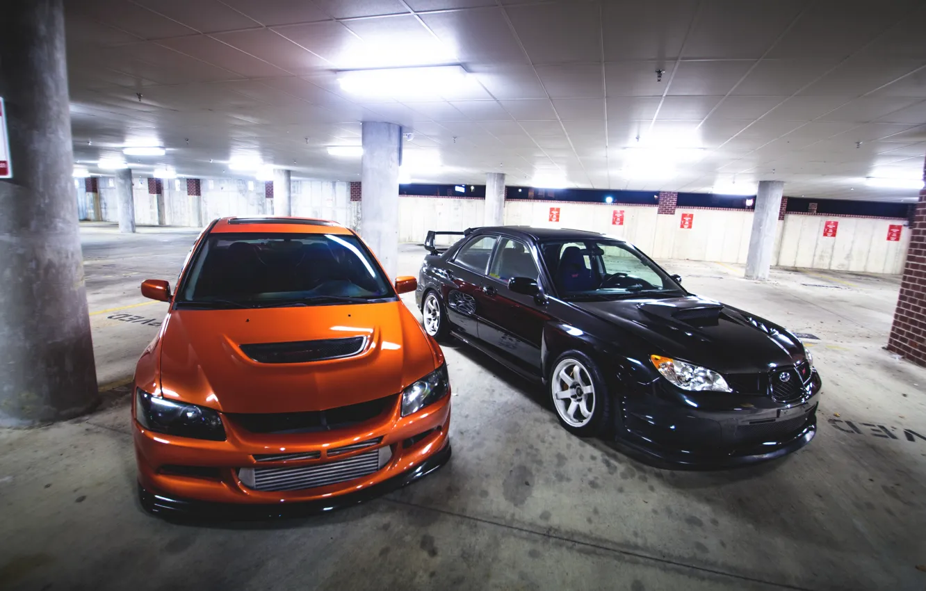 Photo wallpaper Tuning, Lancer, Parking, Orange, Evolution, subaru, STI, Black