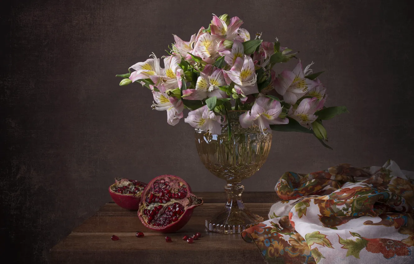Photo wallpaper flowers, the dark background, table, Lily, bouquet, still life, shawl, items