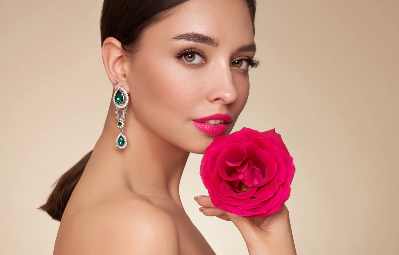 Photo wallpaper look, flowers, background, model, portrait, roses, earrings, hands