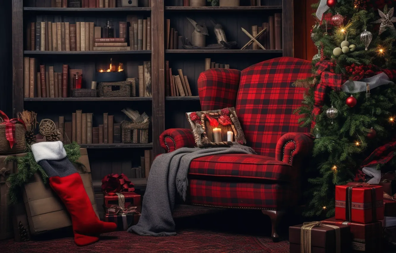 Photo wallpaper decoration, room, gift, balls, tree, new year, interior, chair