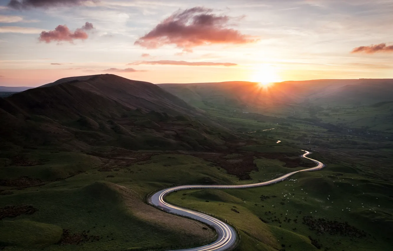 Photo wallpaper road, mountains, morning