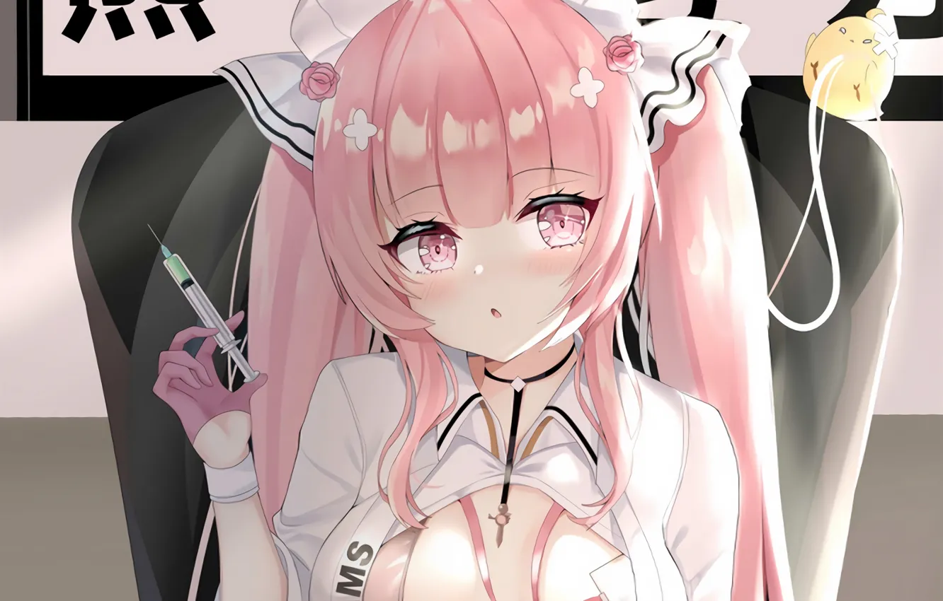 Photo wallpaper girl, sexy, cleavage, pink hair, long hair, dress, boobs, anime