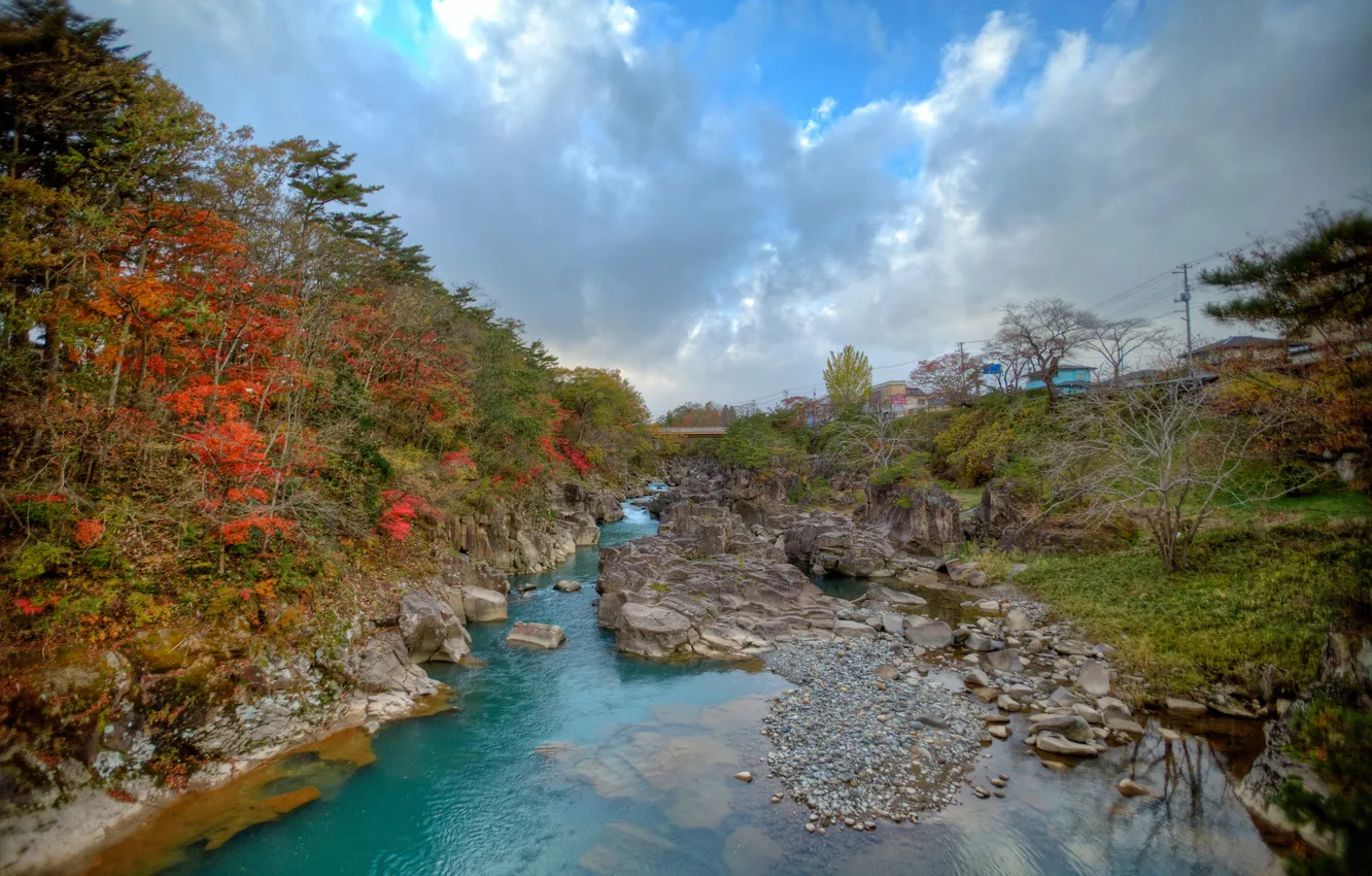 Photo wallpaper autumn, the sky, trees, bridge, river, stones, rocks