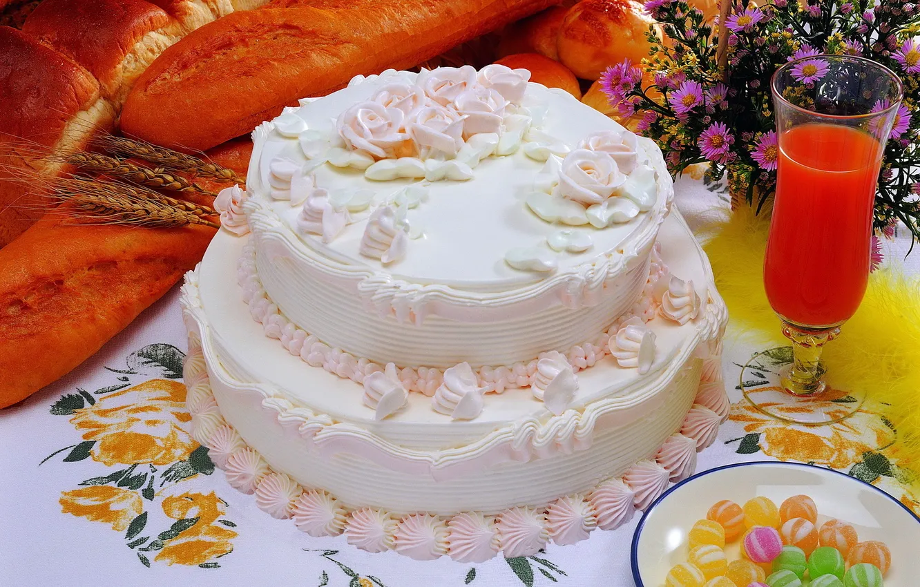 Photo wallpaper wheat, flowers, glass, rye, roses, juice, bread, candy