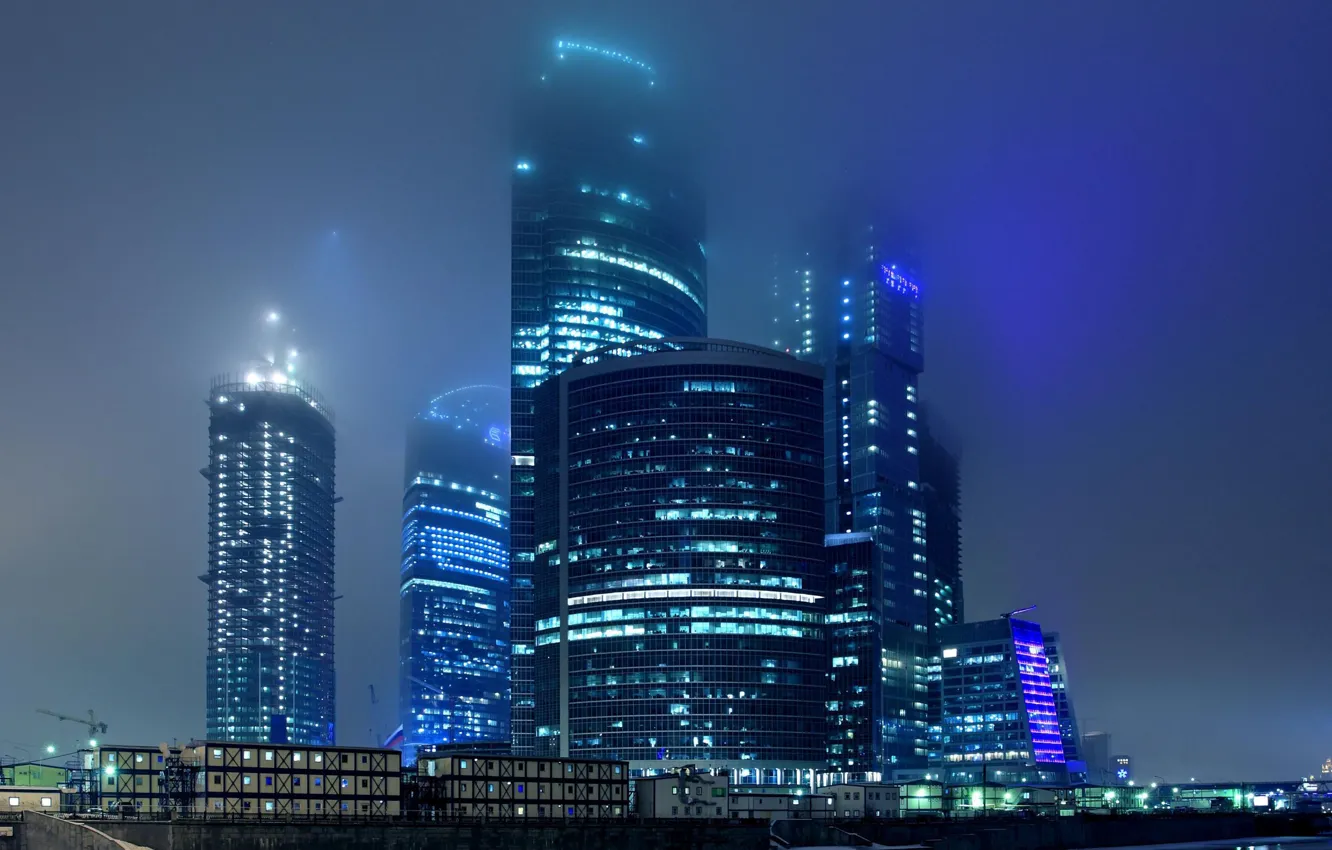 Photo wallpaper night, the city, lights, fog, Moscow, skyscrapers, building, complex