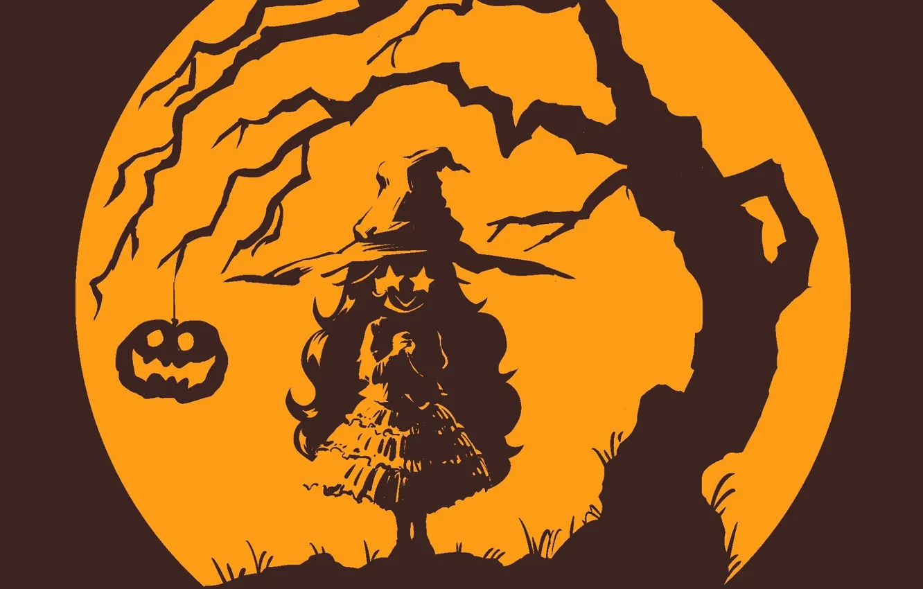 Photo wallpaper Halloween, witch, the full moon, Halloween, Jack, burning eyes, witch, witch hat