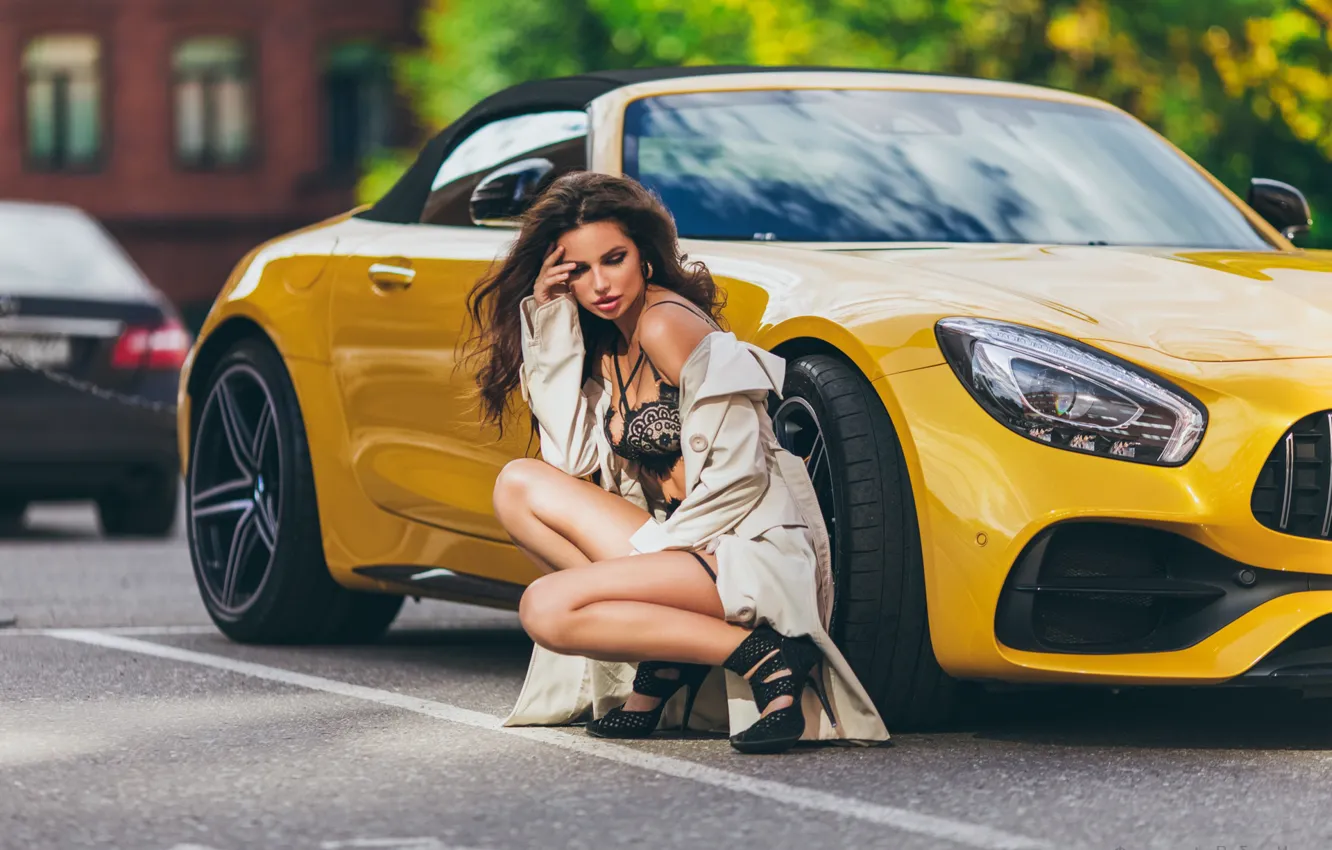 Photo wallpaper machine, auto, girl, pose, feet, Mercedes-Benz, cloak, bra