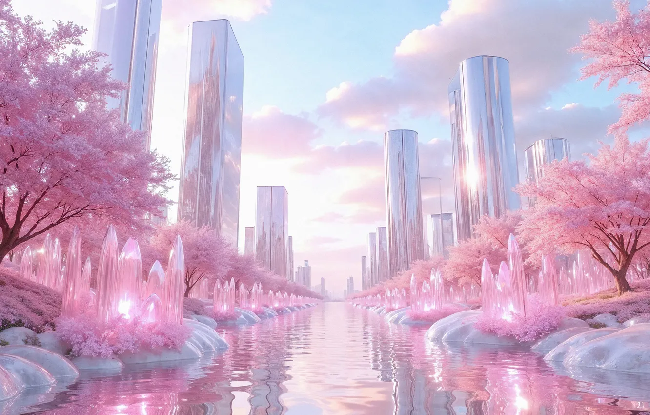 Photo wallpaper the sky, clouds, trees, flowers, the city, dawn, shore, building