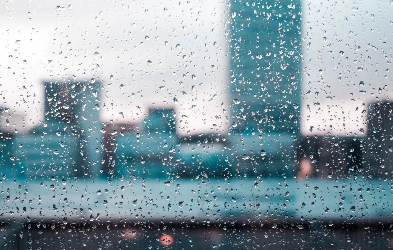 Photo wallpaper glass, water, drops, city, the city, rain, window, glass