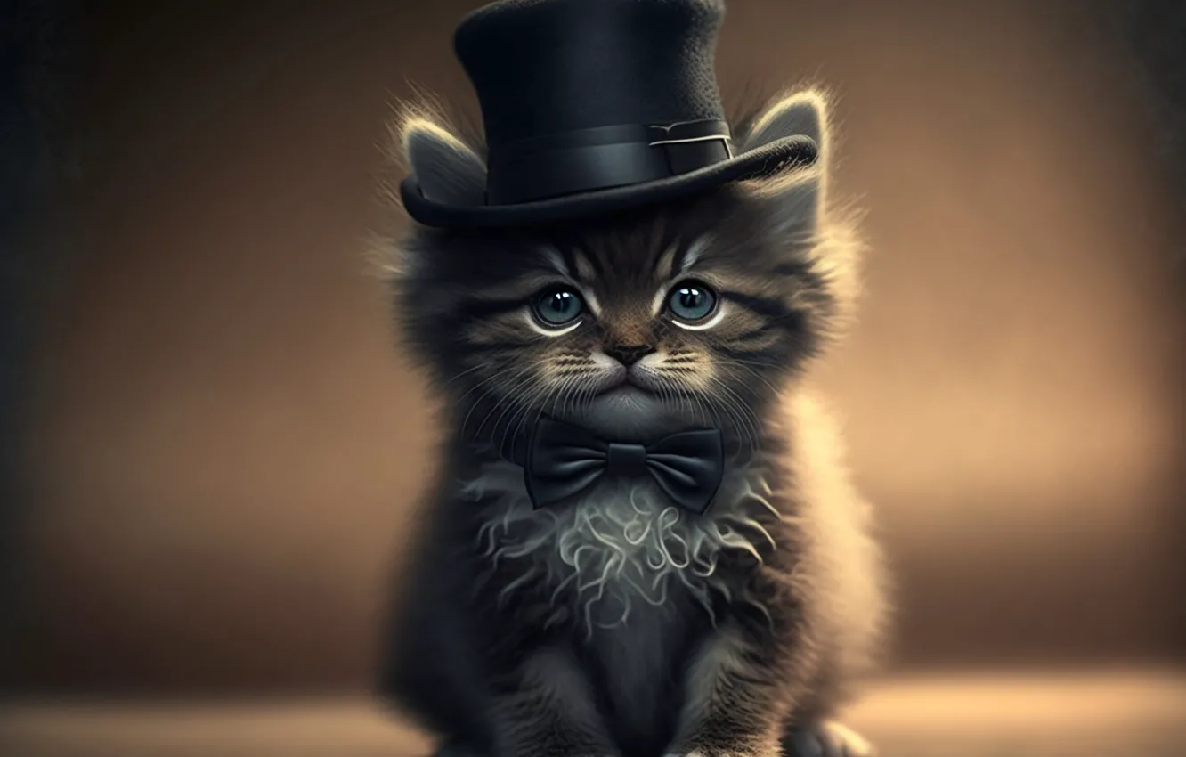 Photo wallpaper cat, look, hat, kitty, face, cylinder, digital art, AI art