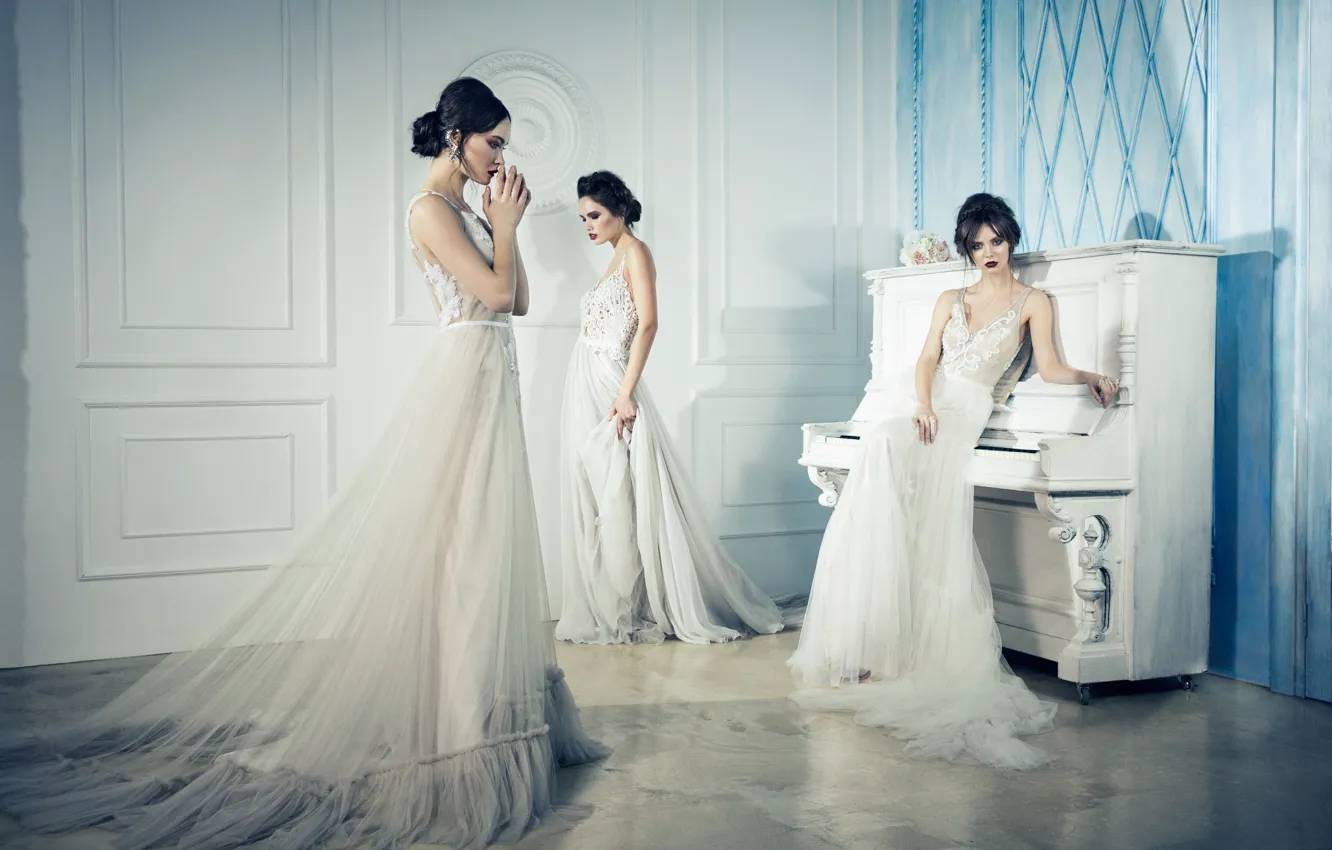 Photo wallpaper girls, interior, dress, piano, the bride, fashion